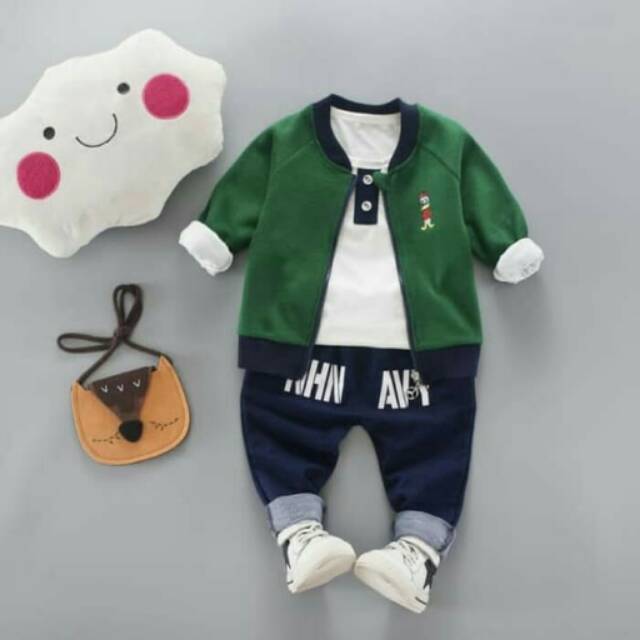 Baju Setelan Anak Laki Cowok Import Kaos Putih Jaket Hijau Celana Navy