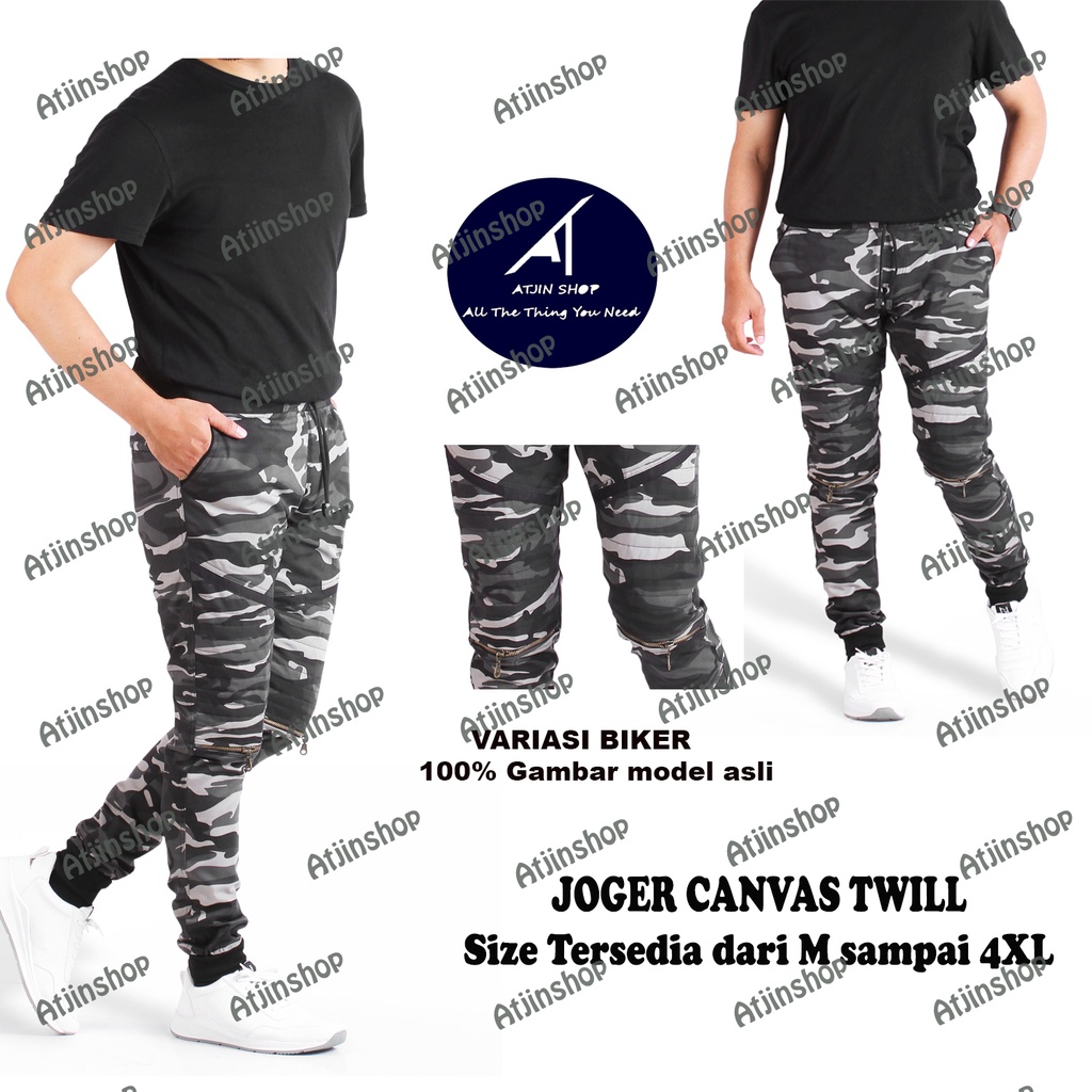 Atjin- Celana Joger Pria Biker Bahan Loreng Katun Stretch  Model Premium tipe Risleting Biker