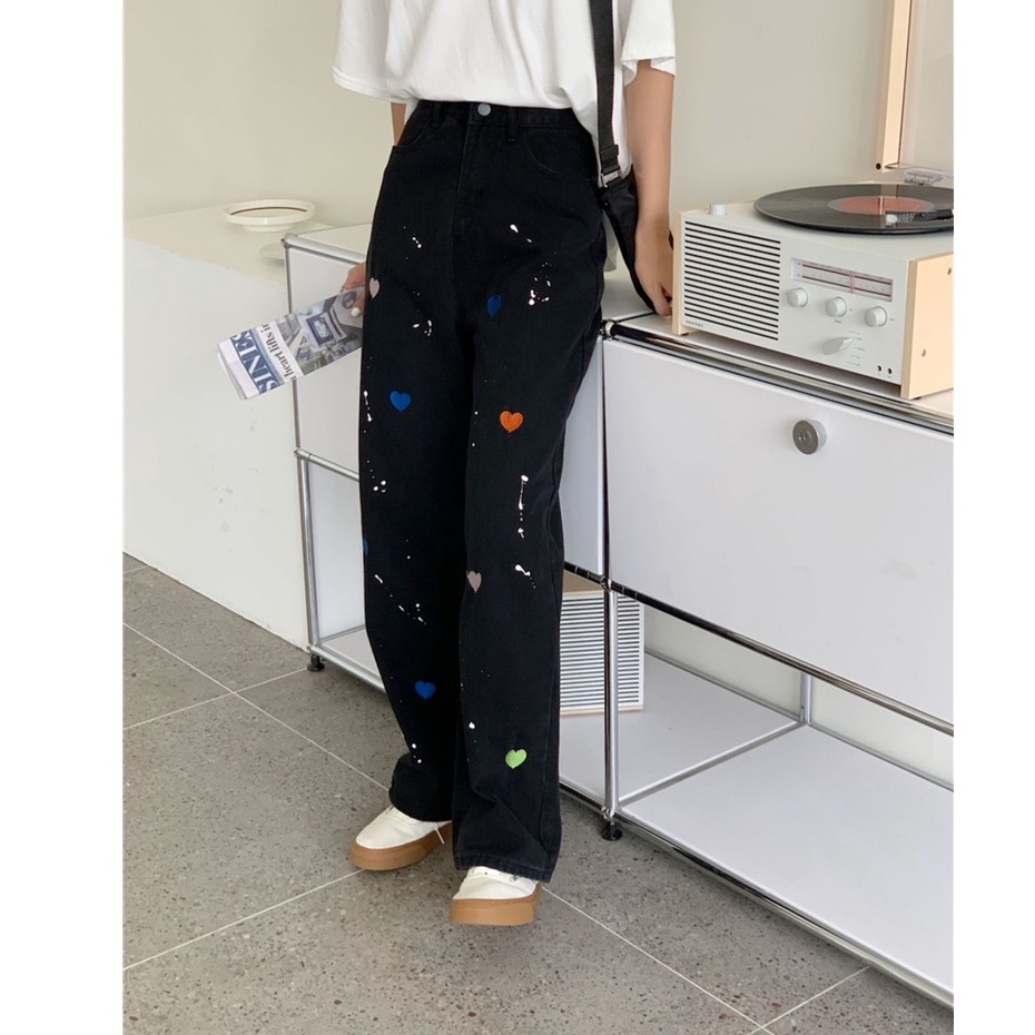 korean style high-waist straight-leg wide-leg jeans celana highwaist wanita/Jeans pinggang tinggi longgar kasual berkaki lurus wanita celana