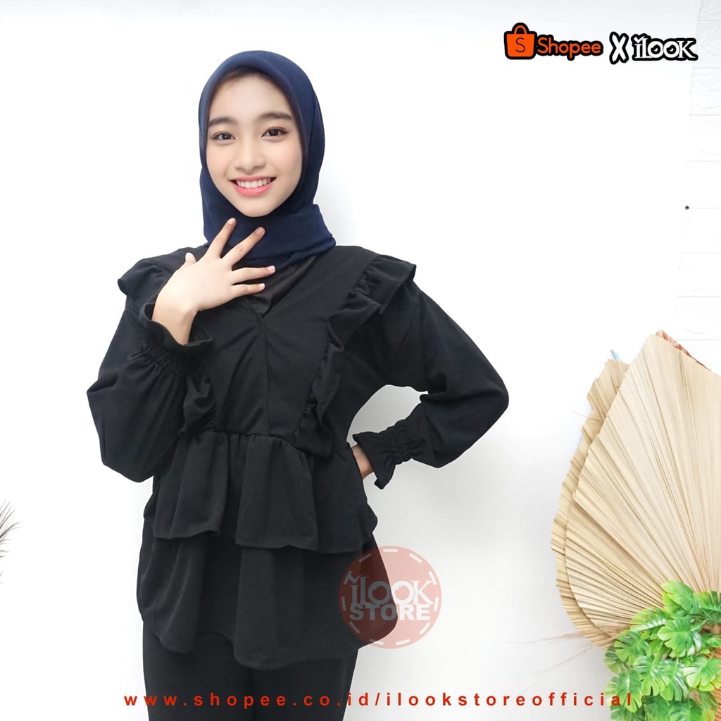 ilook | Blouse Ceria | Jiju Blouse Korean Style | Blouse Crinkle Ruffle | Atasan Blouse Wanita | Bahan Creepe-BLS CERIA - HITAM