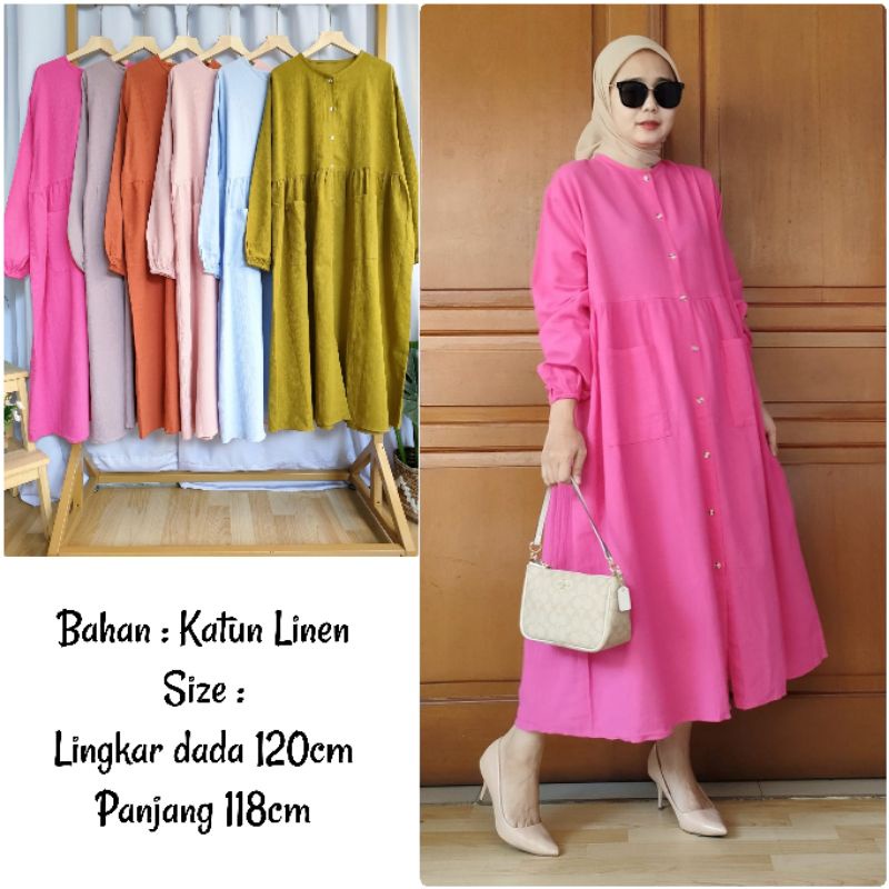 BJ Midi Dress Katun Linen Muslim Jumbo Ld 120 Celia Midi Dres