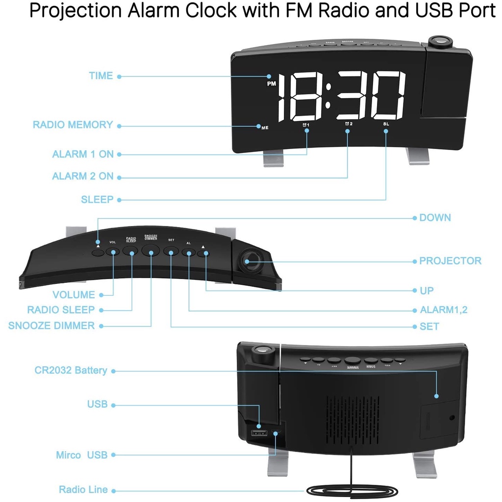 ROCKWARE RW-EN8831 Jam Meja Proyektor FM Dual Alarm Projection Clock