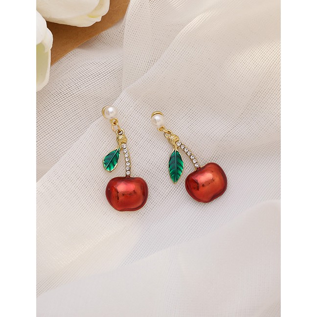 LRC Anting Fashion Red Pearl And Diamond Apple Alloy Earrings K70218