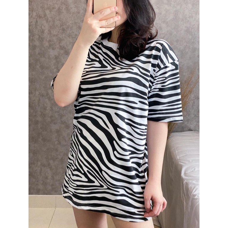 Kaos Oversize Wanita Atasan Wanita Jumbo T Shirt Cewek kekinian Motif Full Print Zebra