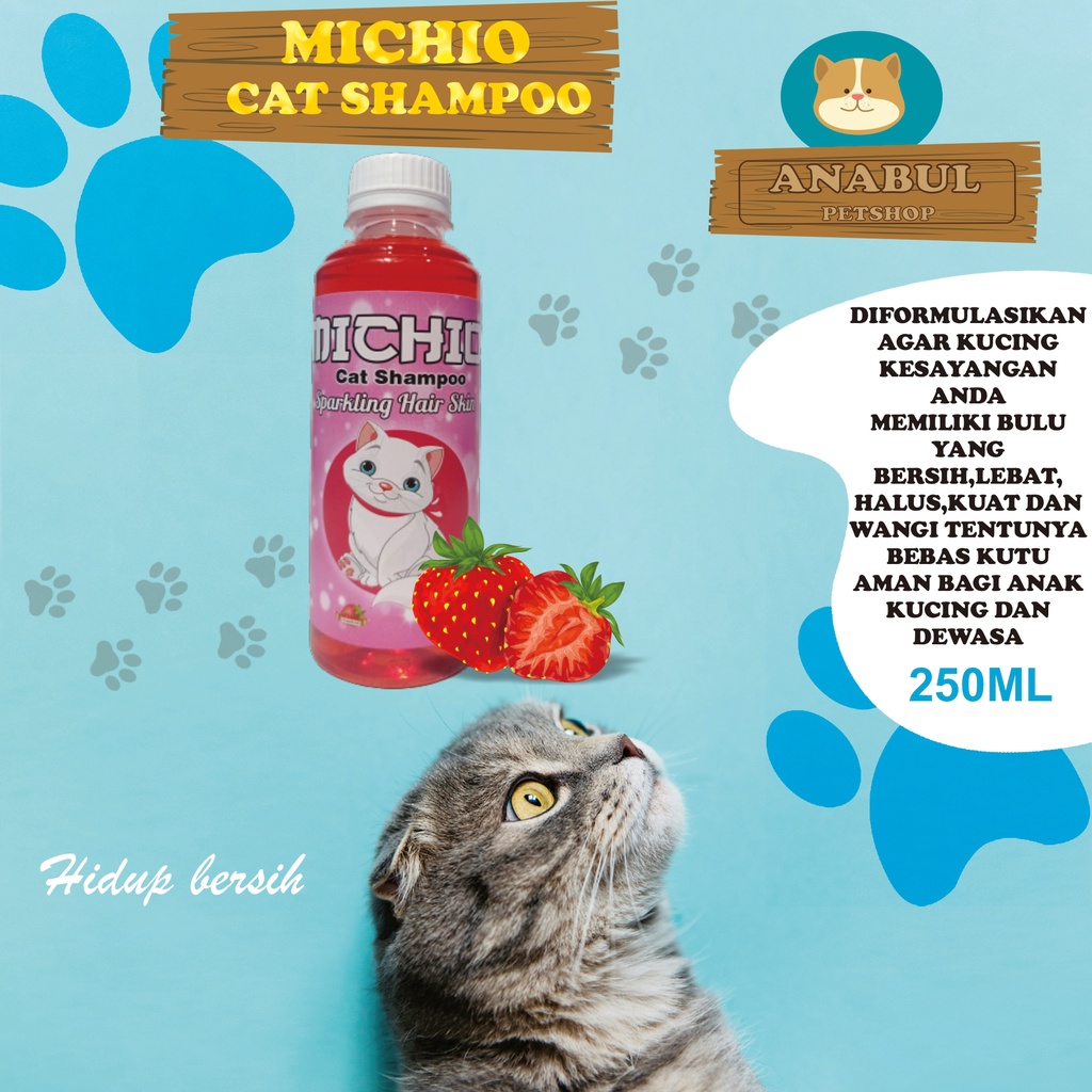 SHAMPOO KUCING &amp; ANJING 250ML MICHIO ANTI JAMUR &amp; KUTU VARIAN STRAWBERRY JERUK APEL-BOTOL EKONOMIS