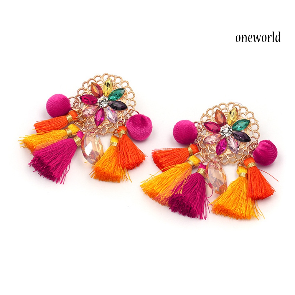 OW# Boho Women Rhinestone Tassel Pompom Dangle Stud Earrings Long Statement Jewelry