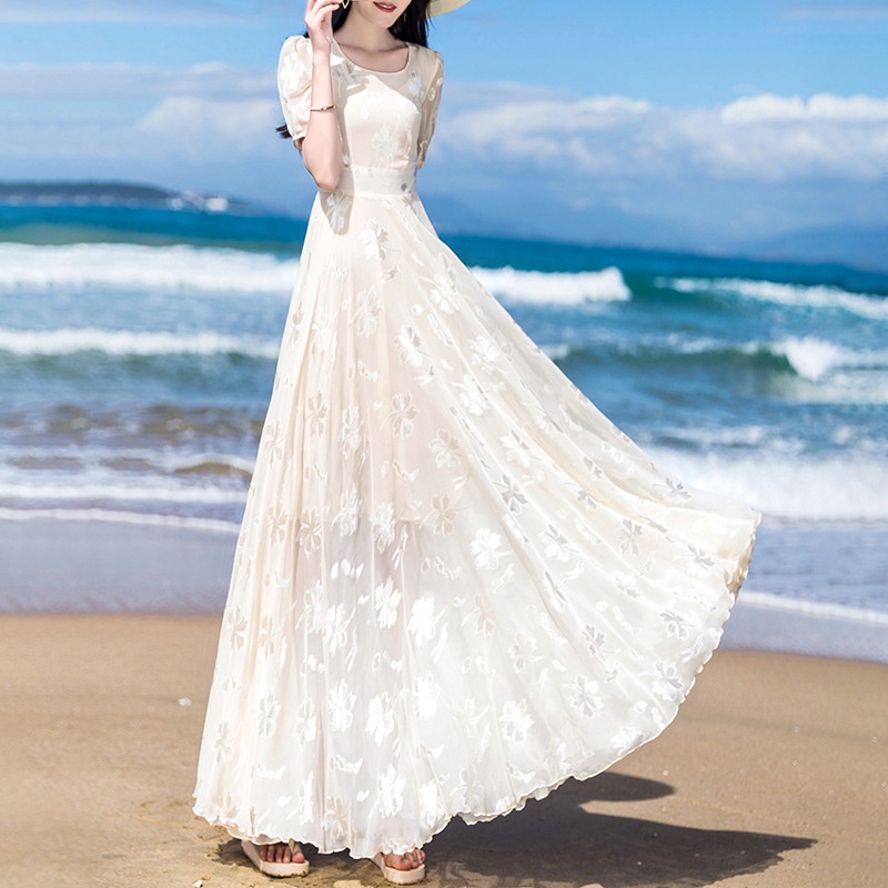 Atasan Wanita Panjang Gaun Sifon     Putih Bunga Pelangsing Liburan Ayunan Besar Rok Pantai Import