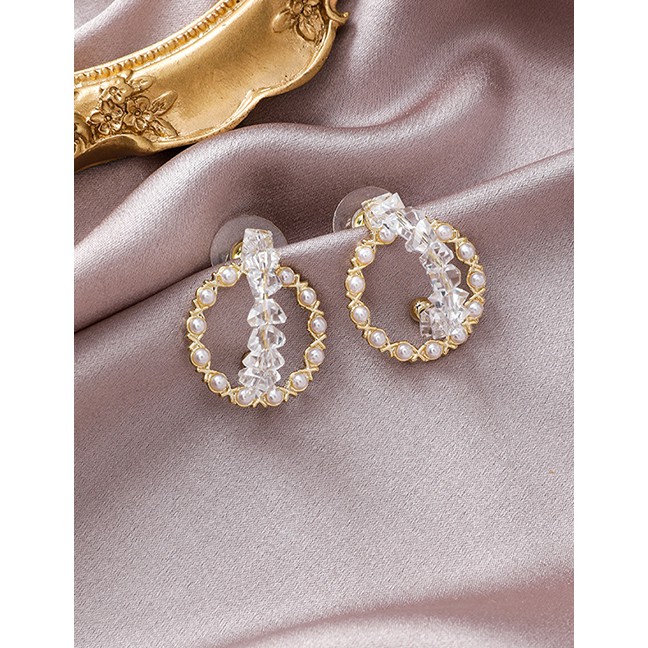 LRC Anting Tusuk Fashion A White Crystal Double Hoop Earrings With Diamonds D71051