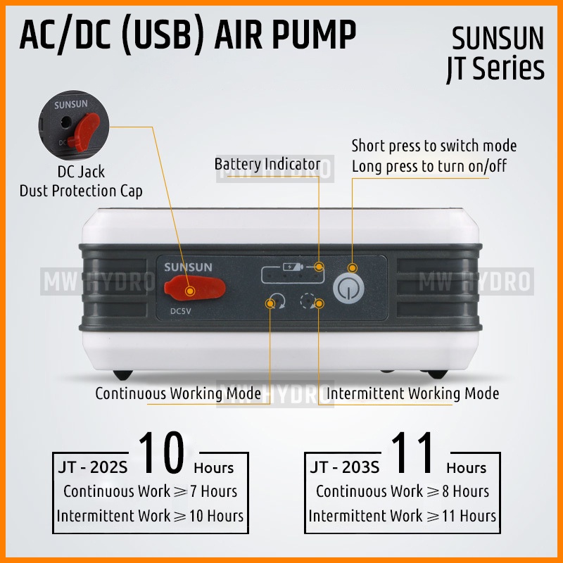 SUNSUN JT-203S, Air Pump AC/DC USB Dual Use, Aerator / Pompa Udara