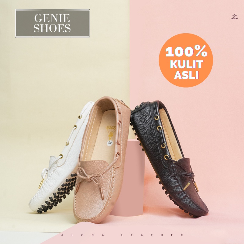 Sepatu Wanita Kulit Sapi Asli Cewek Leather Flat Shoes Loafer Original Alona Genie