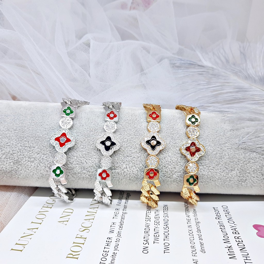Gelang Rantai Tebal Arsir Silang Xuping Clover Hitam Merah Lapis Emas Putih - BB357