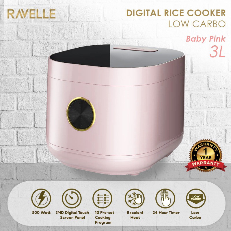 Ravelle Smart Digital Rice Cooker Low Carbo Low Sugar 3L - Baby Pink