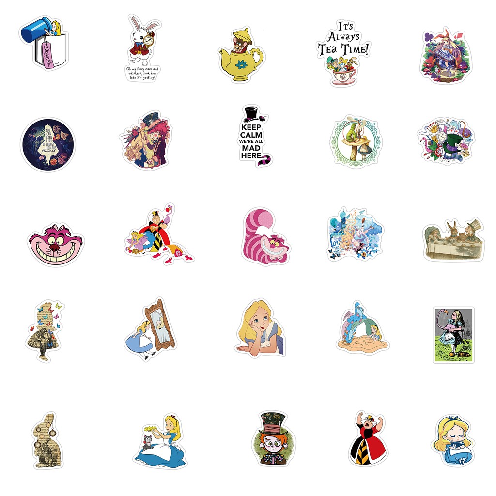 Set 50 Miếng Dán Trang Trí Phong Cách Phim Hoạt Hình Alice In Wonderland Độc Đáo