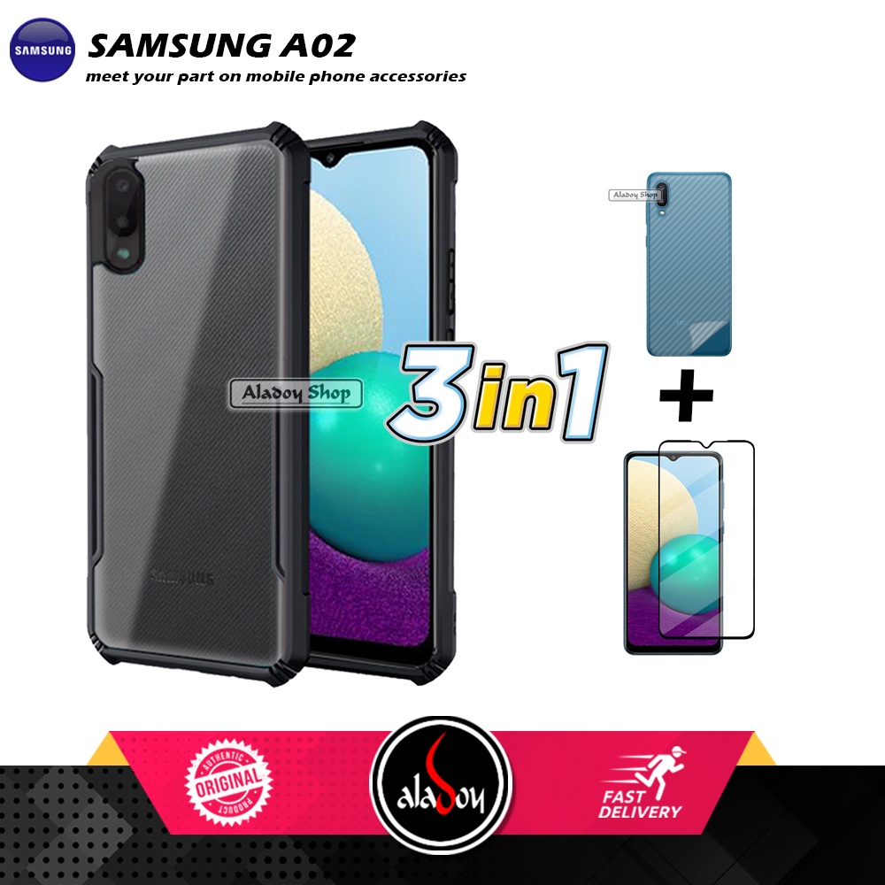 Case SAMSUNG A02 Armor Fushion Transparent Casing + Tempered Glass Full Layar dan Skin Carbon