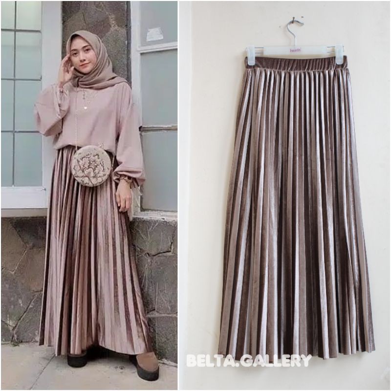 Rok Plisket Velvet Bludru Glossy Premium Lebar Panjang Tebal Mengkilat Umbrella Skirt