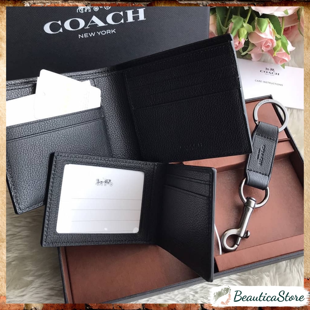 ORIGINAL COACH - Compact ID In Sport Calf Leather in Black 3in1 (Wallet, Card Holder, Keychain) NEW 