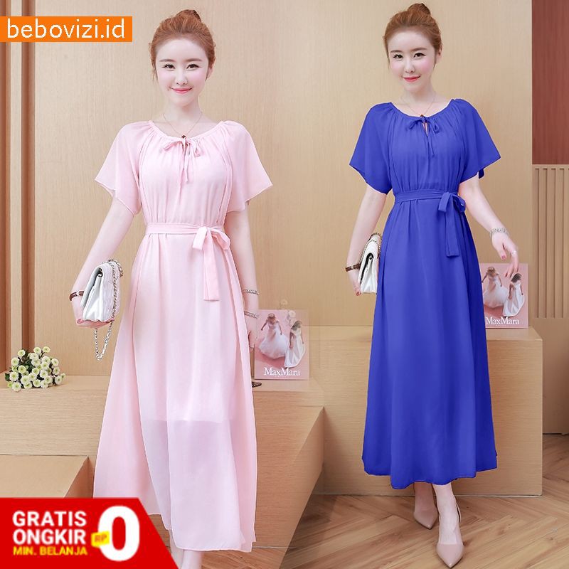 Dress Jumbo Pink Red Wanita Sifon Longgar Casual Summer Beach Midi