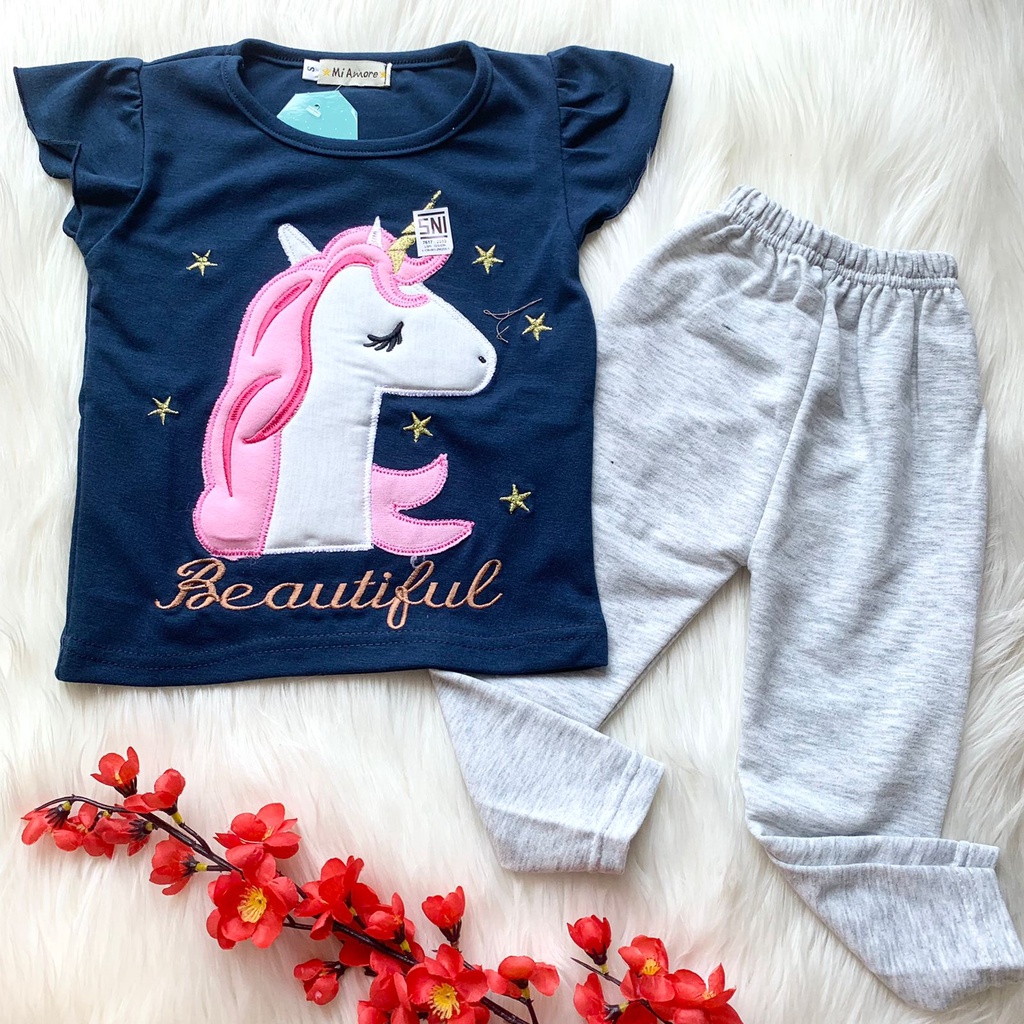 Baju setelan piyama tidur pink gambar lucu bestseller fashion anak bayi cewek perempuan murah -uni