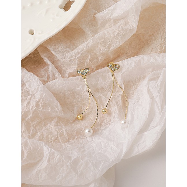 LRC Anting Tusuk Fashion Golden Love Pearl Tassel Alloy Earrings P22276