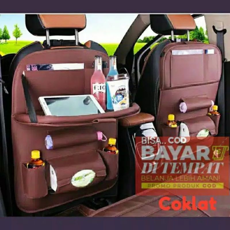 Car Seat Organizer Plus Meja Lipat Tas Multi Fungsi Belakang Jok KULIT Premium