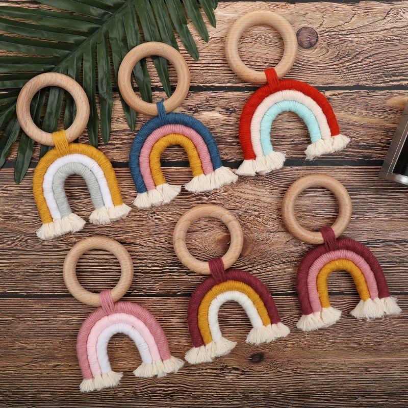 Mary Mainan Teether Ring Kayu Macrame Rumbai Warna Pelangi Untuk Dekorasi Stroller Bayi