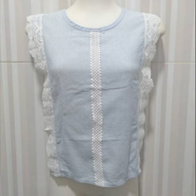 Blouse Atasan Wanita Tanpa Lengan Biru Pink Garis Vertikal Halus Brokat Putih Katun