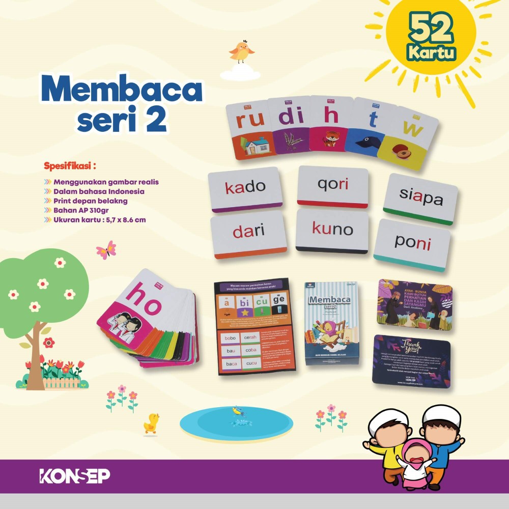 Flash Card Membaca Seri 2 - Kartu Belajar Anak Bergambar - Konsep Studio Original