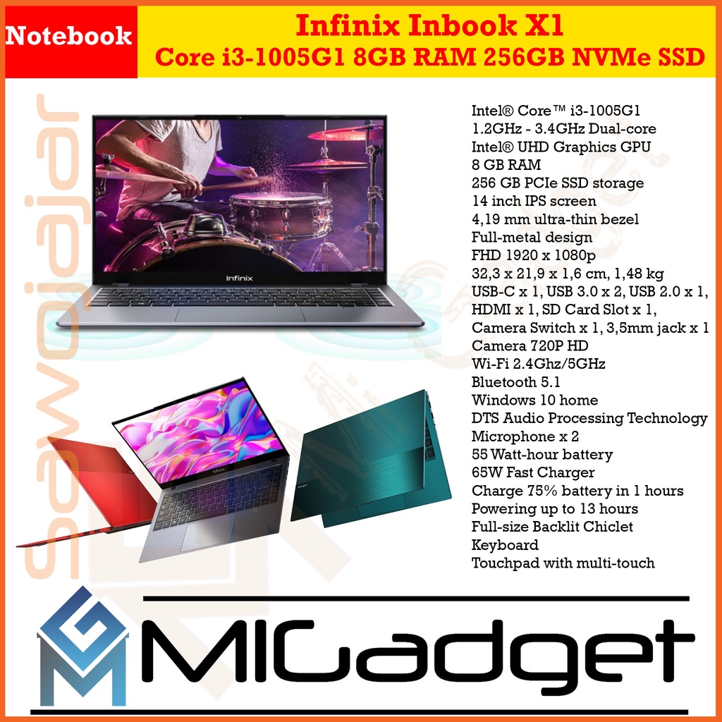Infinix Inbook X1 Core i3-1005G1 8GB RAM 256GB NVMe SSD IPS FHD