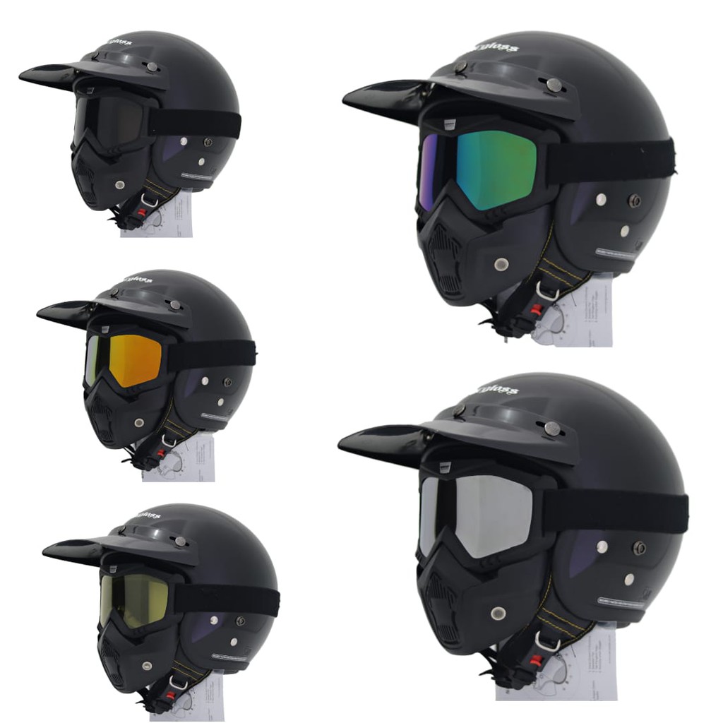 Helm Cargloss Retro Hitam Gloss Paket Goggle mask Pet Panjang