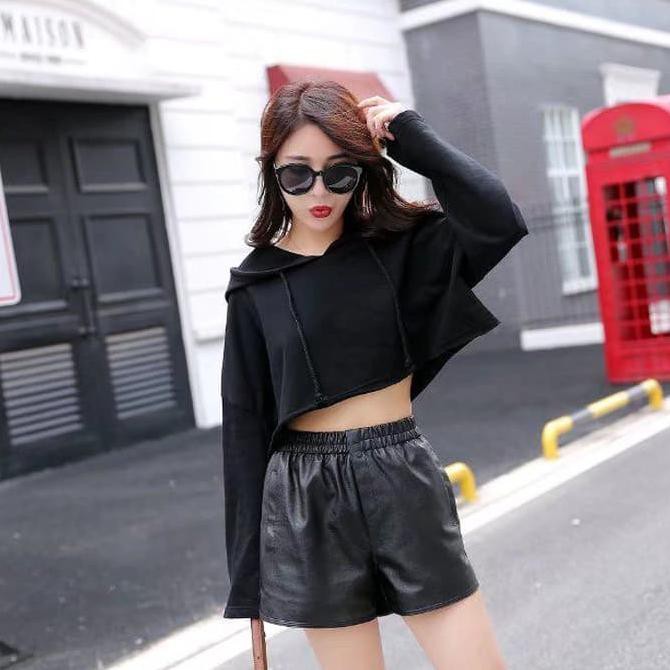 BARANG MURAH BAJU SWEATER WANITA IMPORT BLACK CROP LOOSE HOODIE 319109 KEBURU HABIS..