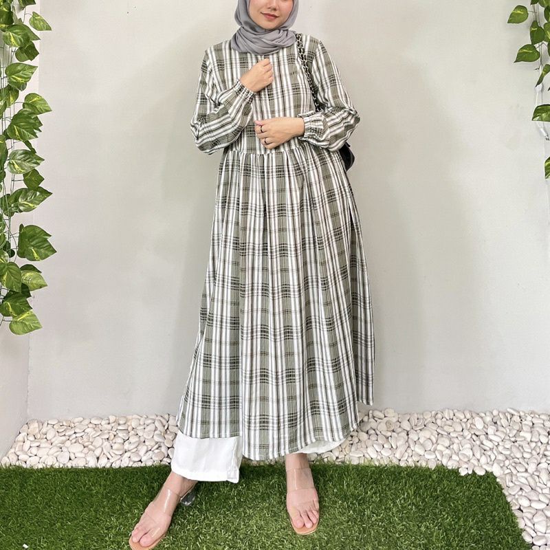 Okeda Shop Tartan Midi Dress Crinkle Okeda
