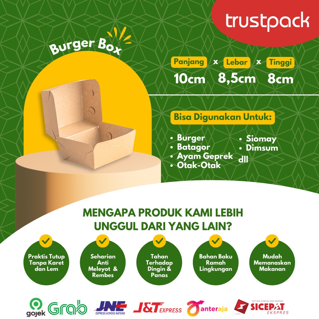 BURGER BOX / DUS / DOS / KOTAK KUE /ROTI uk.10x8,5x8cm KRAFT