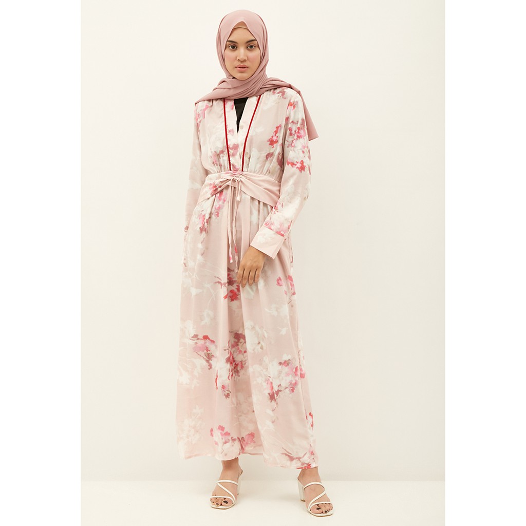 Shanghai Dusty Pink V-neck Dress / Dress Wanita Leher V Motif Bunga