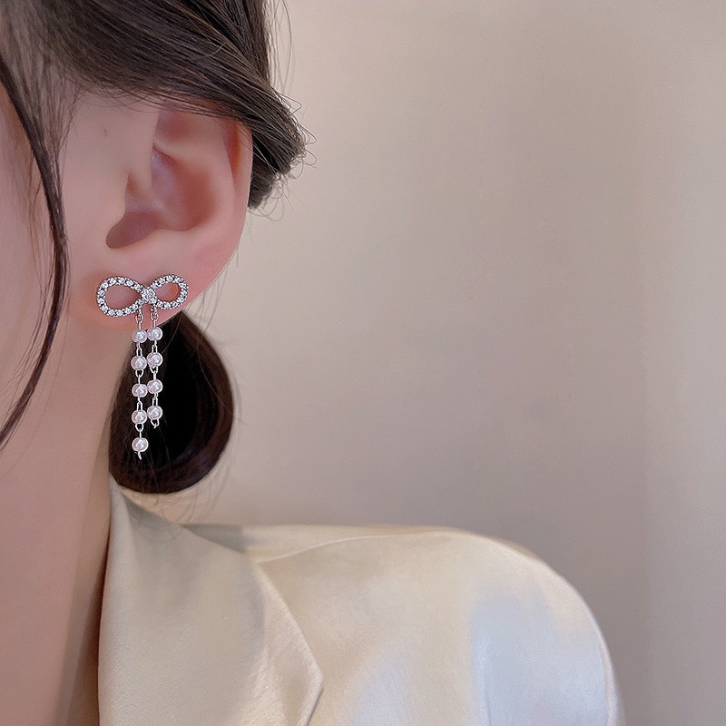 Anting Tusuk Gantung Panjang silver 925 Desain Pita Hias Mutiara + Berlian Untuk Wanita