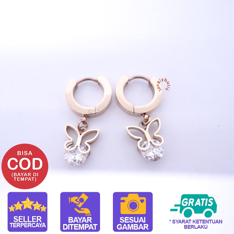 Lovelybutik - Anting Titanium Anti Karat / Permata Kupu Anting Titanium Wanita Motif Kupu Kupu Ukuran 1,4 cm Warna [Rosegold] BONUS KOTAK PERHIASAN