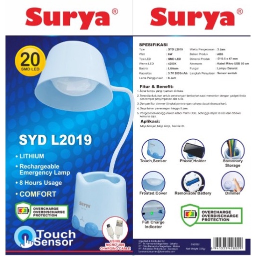 SURYA Lampu Meja Belajar Cas Sensor Lithium SYD L2019