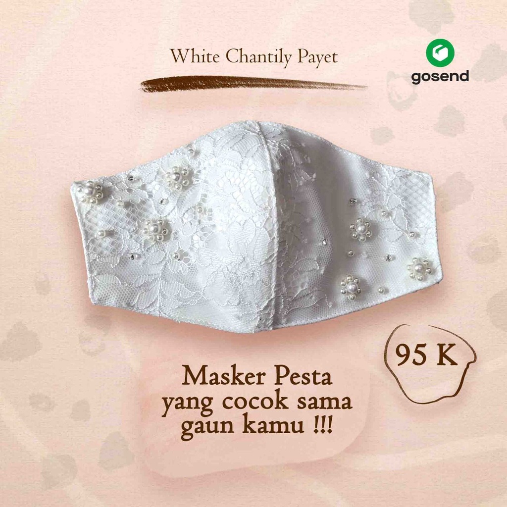 Masker Kain Brokat Premium | Satin Chantily Putih | Masker Pengantin