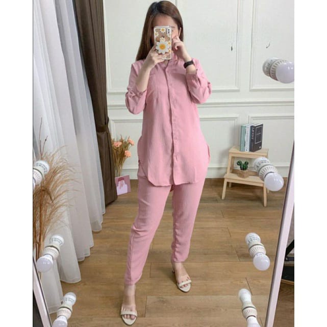 Setelan Celana Wanita Hana Set Crinkle Airflow One Set Kemeja Polos Piyama Pajamas Terbaru