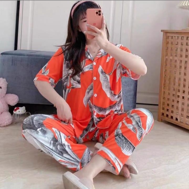Baju Tidur Piyama Wanita Dewasa Korea Murah Leaves Orange Fit to L