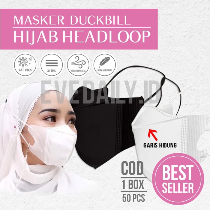 MASKER DUCKBILL HIJAB HEADLOOP 3 PLY 1 BOX ISI 50 PCS ORLEE QU - Putih