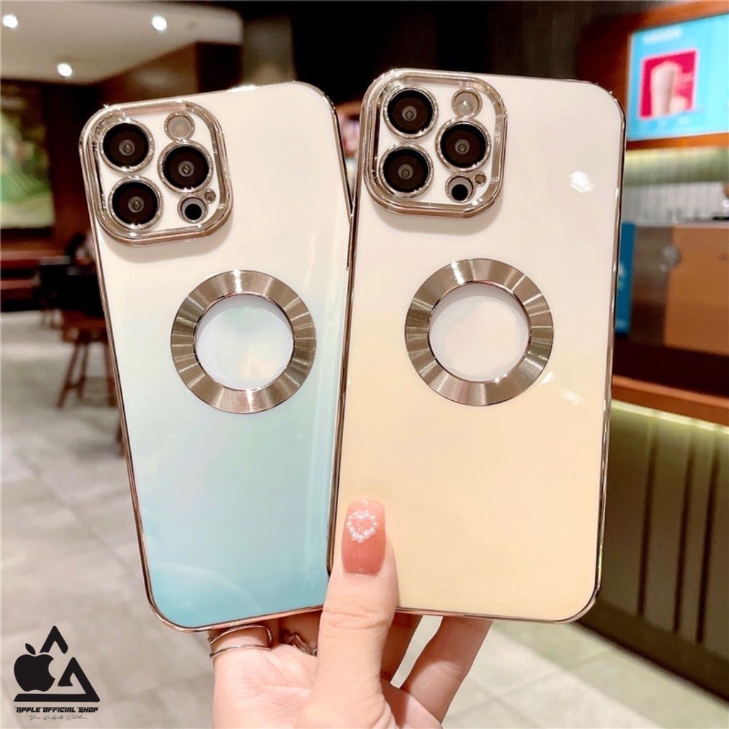 Premium Softcase Candy Gradasi Chrome LOGO BULAT iPhone 13 PRO MAX 12 PRO MAX 11 PRO MAX XR X XS MAX 7 7+ 8 8+ SE 2 3 With Lens Lensa Glass Camera Protector Soft Case Logo Apple List Krom Gold Electroplated Pelindung Kamera Silikon Jelly Clear Cover Bukan