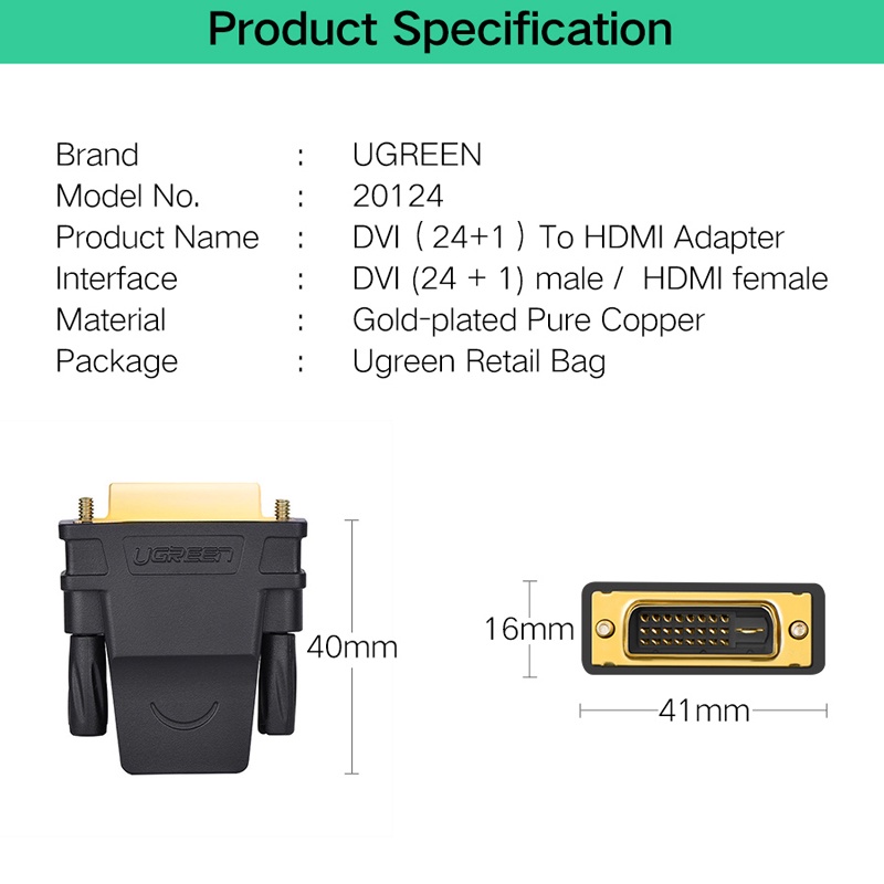 Ugreen Kabel Adapter Converter DVI-D 24 + 1 Male Ke HDMI Female