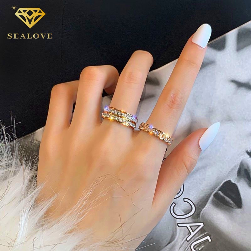 SEALOVE Cincin titanium baris mata full anti karat anti luntur Cincin Couple Berlapis Emas 18k Hadiah Berlian Premium untuk Wanita