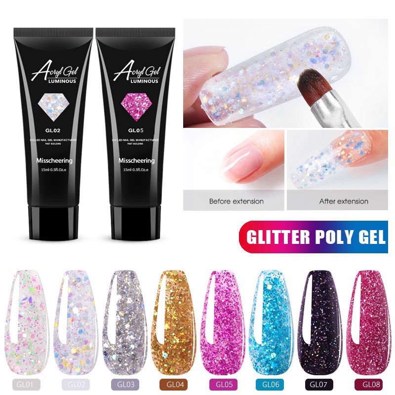 [ COD ] Acryl Gel Polygel Glitter Diamond Akrilik Nail Gel Kutek Cat Kuku 15ml