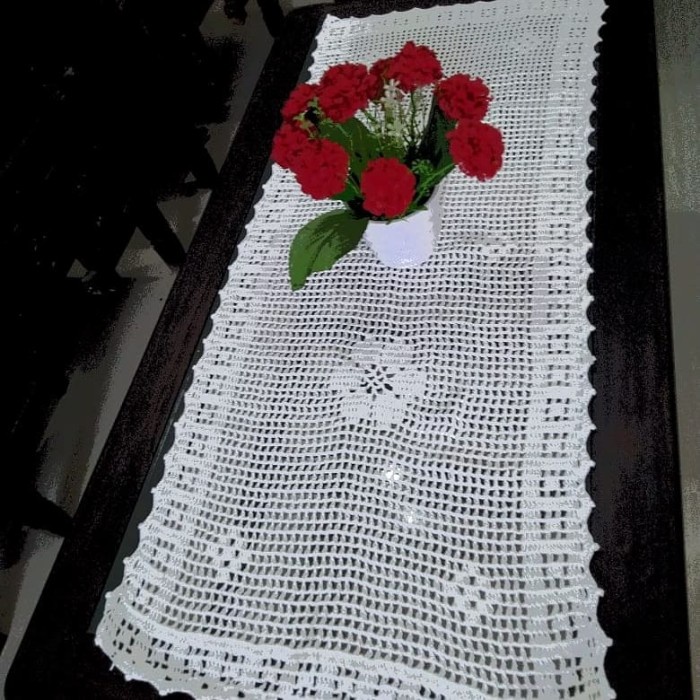 Taplak Meja - Taplak Meja Tamu Panjang Rajutan Handmade Putih 90X40