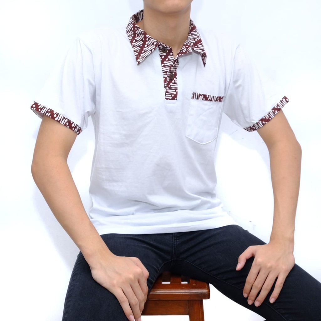 Kaos Krah Polo Batik Pria Lengan Pendek Warna Putih Premium Jabrik Jogja