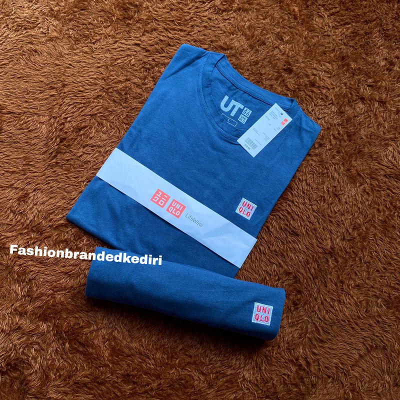 Kaos uniqlo pria polos motif logo bordir-Navi