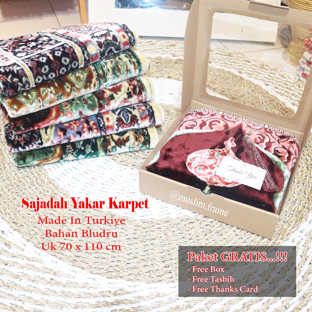 SAJADAH TURKI YAKAR KARPET CUSTOM HAMPERS BOX FREE TASBIH, SAJADAH TEBAL HALUS