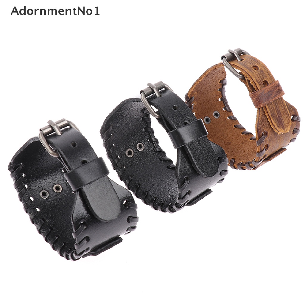 (AdornmentNo1) Gelang Tangan Kulit Lebar Adjustable Motif Kepala Serigala Gaya Punk Untuk Pria