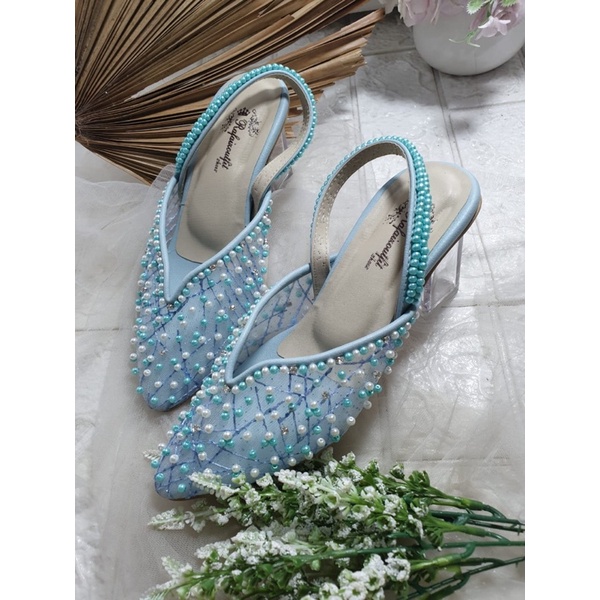 sepatu yasmika babyblue tali dipayet 7cm kaca